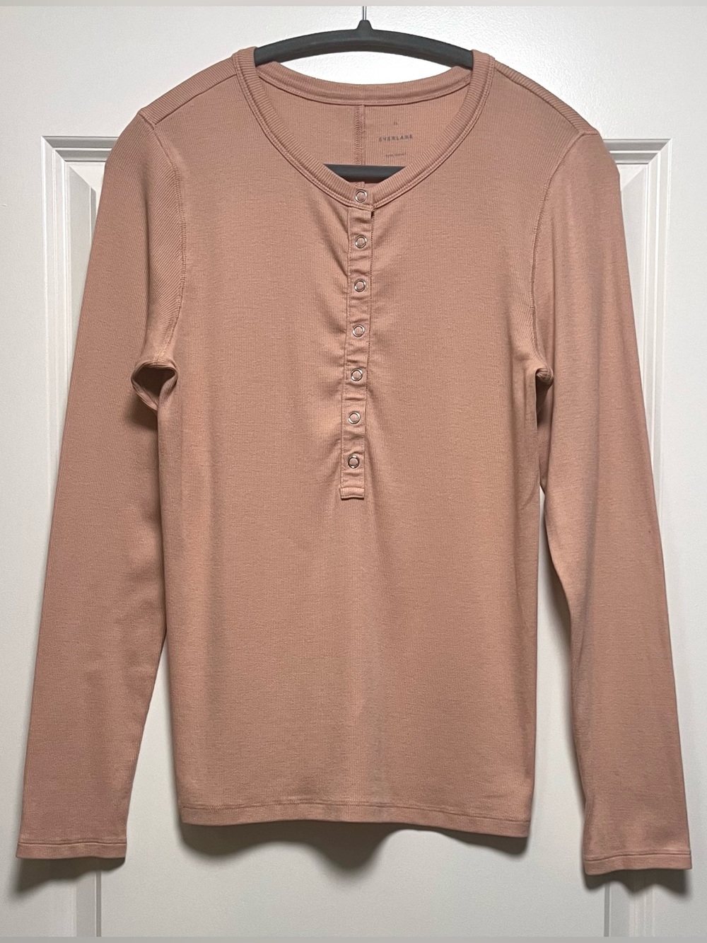 EUC Everlane Luxe Rib Henley Snap Front Long Sleeve Supima Cotton Blush Pink XL